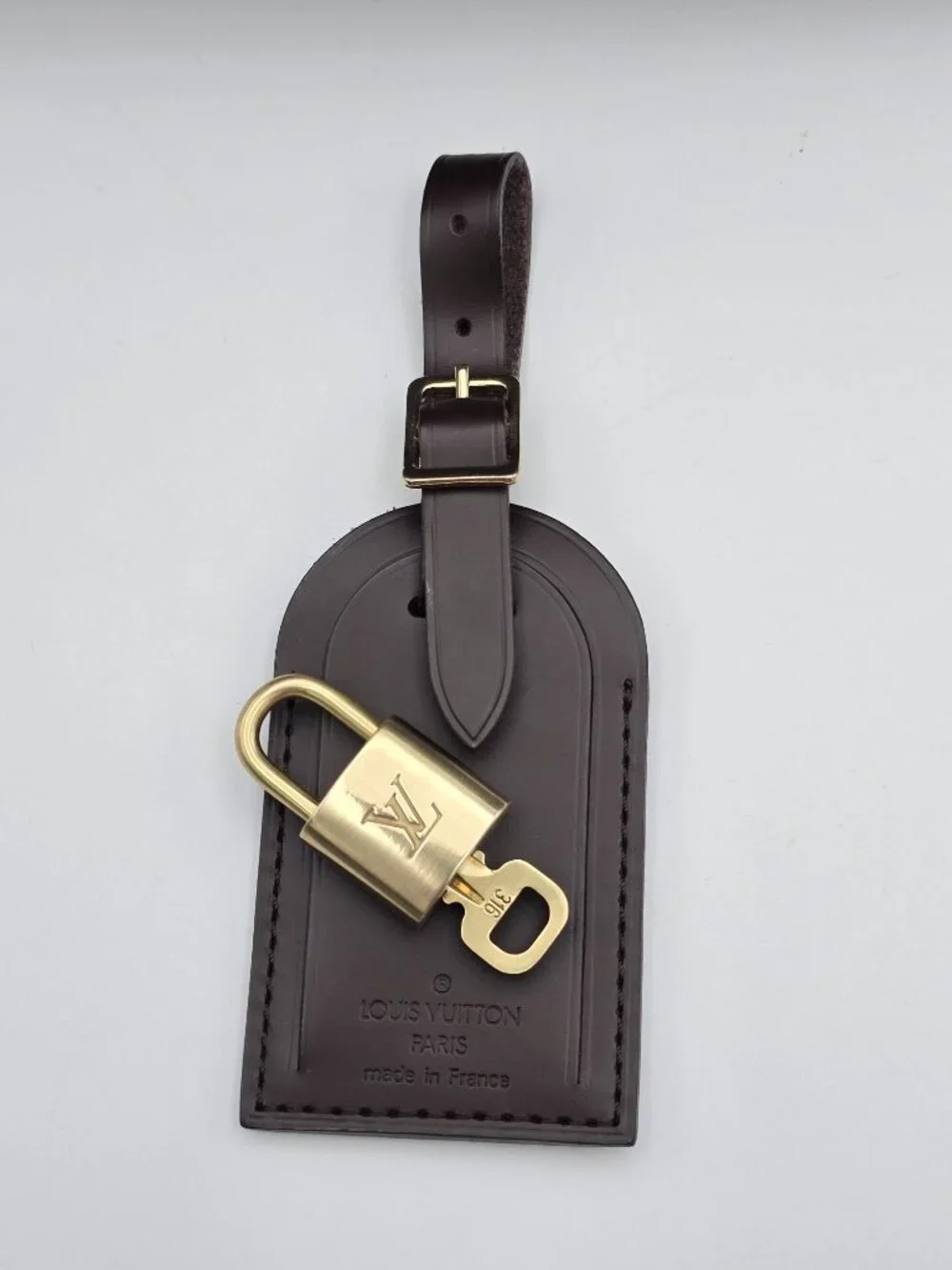 Authentic Louis Vuitton Brown Luggage Tag & Gold Padlock with Key-Made in France